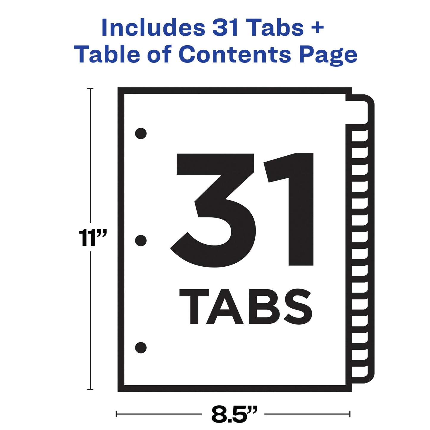 Avery 1-31 Tab Dividers for 3 Ring Binders, Customizable Table of Contents, Multicolor Tabs, 1 Set (11129)