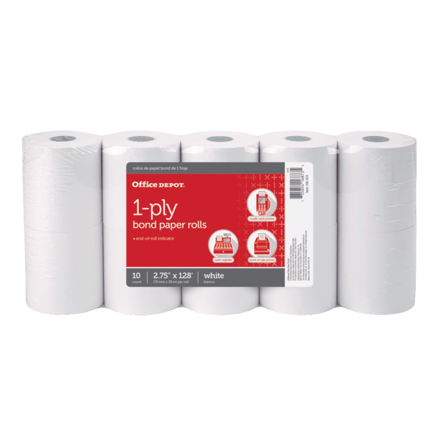 Office Depot� - POS Paper Roll - 1-Ply Paper Rolls, 2-3/4" x 128, 10 Rl/pk - 12.15" x 5.65" x 2.4" - White - PK of 10