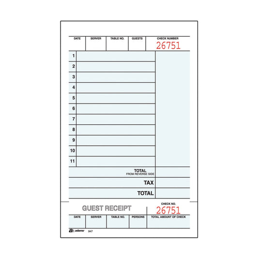 Adams® Guest Check Books, 2-Part, 4 1/4" x 7 1/4", 5 Pads Of 50 Sets Each (250 Guest Checks Total)