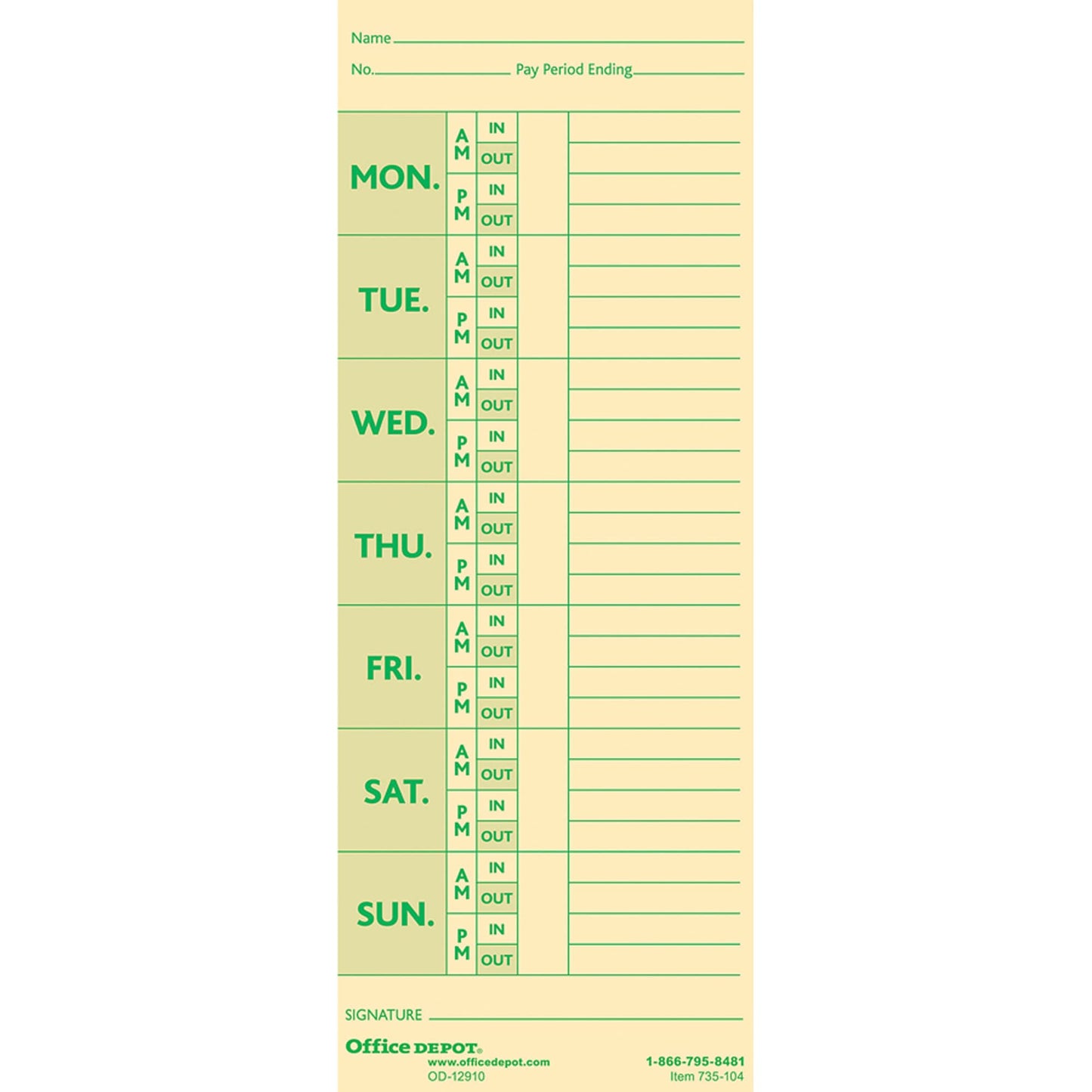 Office Depot Time Cards with Deductions, Weekly, Monday-Sunday Format, 2-Sided, 3 3/8in x 8 7/8in, Manila, pk of 100, GB-735104