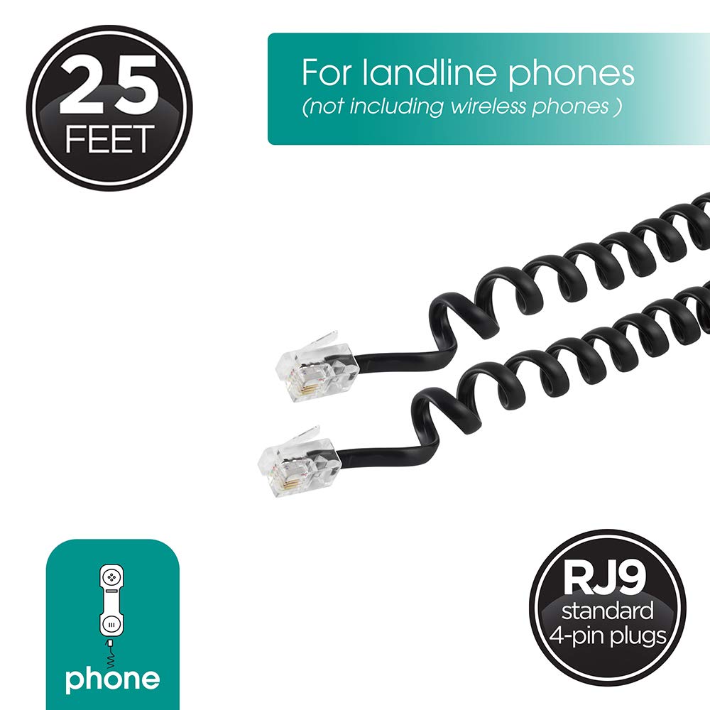 Power Gear Coiled Telephone Cord, 4 Feet Coiled, 25 Feet Uncoiled, Phone Cord works with All Corded Landline Phones, For Use in Home or Office, Black, 76139