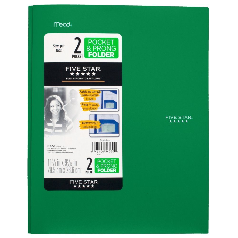 Five Star 2 Pocket Folders with Prong Fasteners, Stay-Put Folder, Folders with Pockets, Color Selected For You, 1 Count (34030)