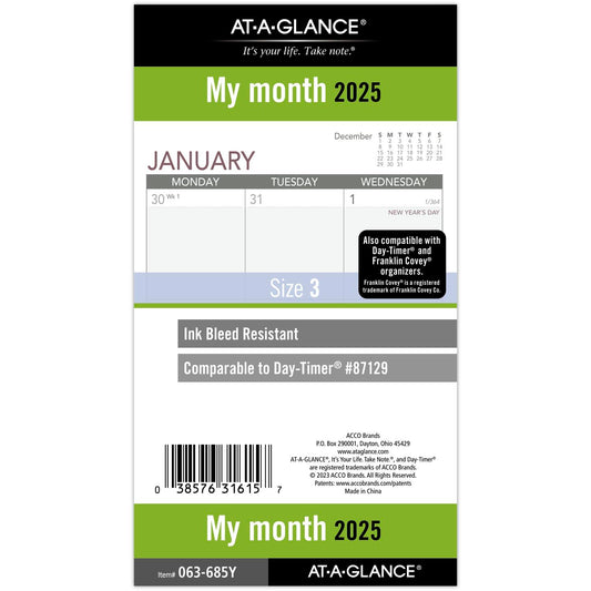 AT-A-GLANCE 2025 Planner Refill, Monthly, 3-3/4" x 6-3/4", Portable Size 3, Loose-Leaf (063-685Y)