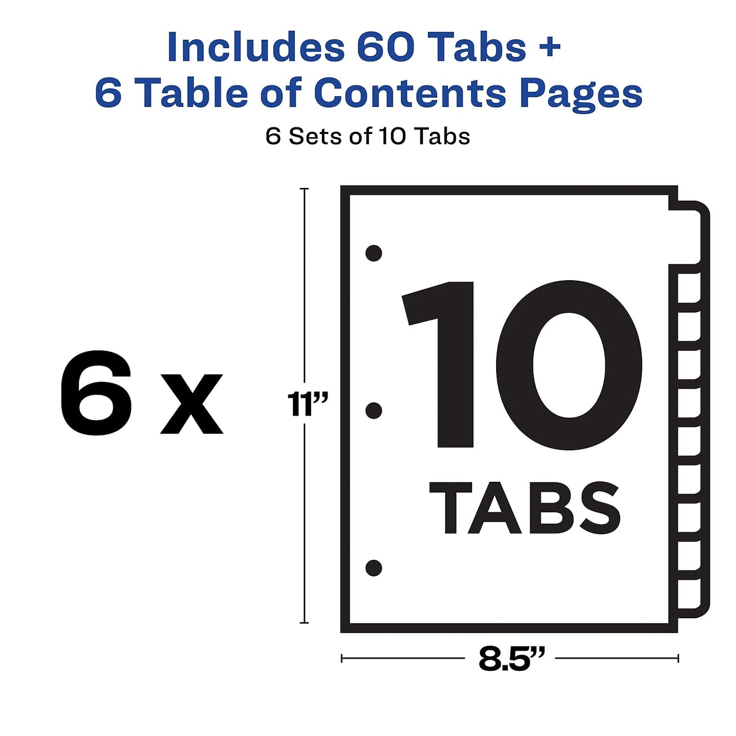 Avery 10-Tab Dividers for 3 Ring Binders, Customizable Table of Contents, Multicolor Tabs, 6 Sets (11188)