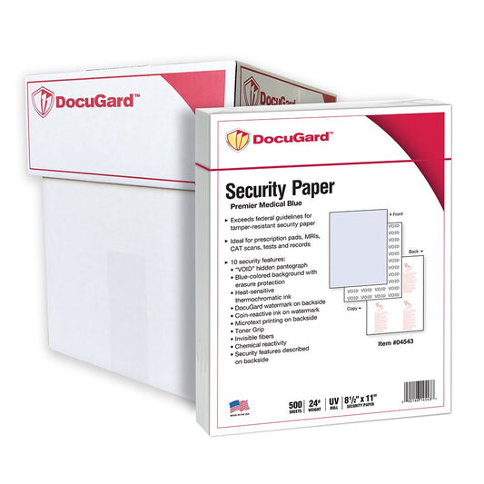 DocuGard Premier Medical Security Paper for Printing Prescriptions and Preventing Fraud, CMS Approved, 10 Security Features, Laser and Inkjet Safe, Blue, 8.5 x 11, 24 lb., 2500 Sheets (04543C)