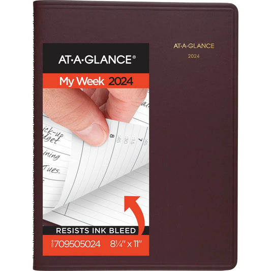 AT-A-GLANCE 2024 Weekly Planner, Quarter-Hourly Appointment Book, 8-1/4" x 11", Large, Winestone (709505024)