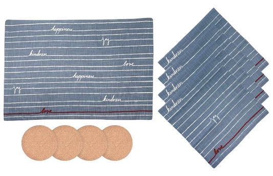 Covrick 12-Piece Love Blue Placemat Napkin & Coaster Set - 4 Embroidered Cotton Table Mats for Kitchen Dining Table + 4 Matching Cotton Napkins + 4 Heat Resistant Cork Coasters