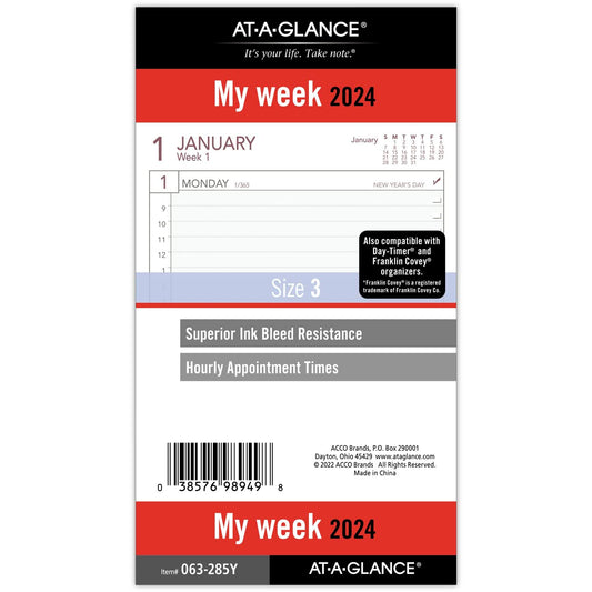 AT-A-GLANCE 2024 Planner Refill, Weekly, 3-3/4" x 6-3/4", Portable Size 3, Loose-Leaf (063-285Y)