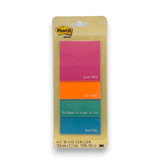 Post-It Motivational Sticky Notes Set - 'Get It Done' & 'Happy Good Vibes' Messages, Pack of 4 Pads (30 Sheets Each, 120 Total) - 2.9"x2.8" Inspiration at Your Fingertips