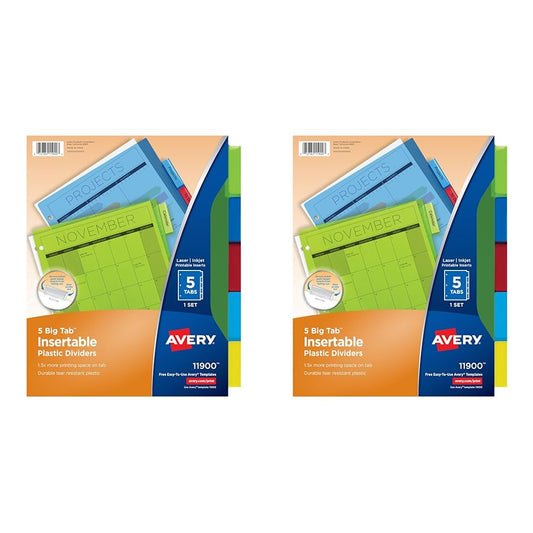 Avery Dividers for 3 Ring Binders, 5-Tab Binder Dividers, Plastic Binder Dividers, Insertable Big Tabs, Multicolor, 1 Set (11900) (Pack of 2)