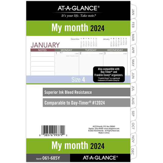 AT-A-GLANCE 2024 Monthly Planner Refill, 5-1/2" x 8-1/2", Desk Size, Loose-Leaf, Unruled Blocks (061-685Y-24)
