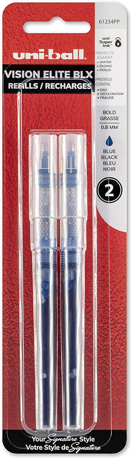 uni-ball Vision Elite BLX Rollerball Ink Pens Refills Bold Point, 0.8mm, Blue/Black, 2 Pack