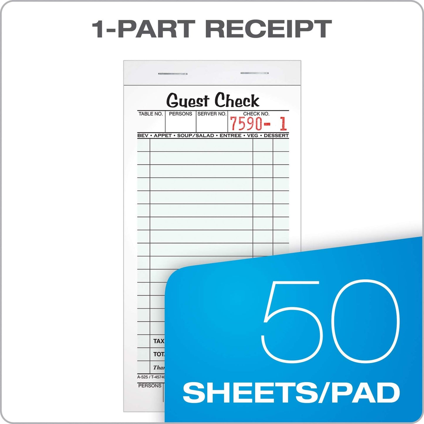 Adams Guest Check Pads, Single Part, Perforated Guest Receipt, 3-2/5" x 6-1/4", 50 Sheets per Pad, 10 Pack (525SW), White