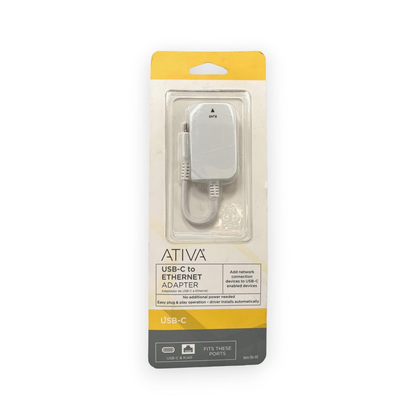 ATIVA USB Type-C to Ethernet Adapter Cable, 4.7", White - High-Speed Internet Connectivity for Laptops and Devices