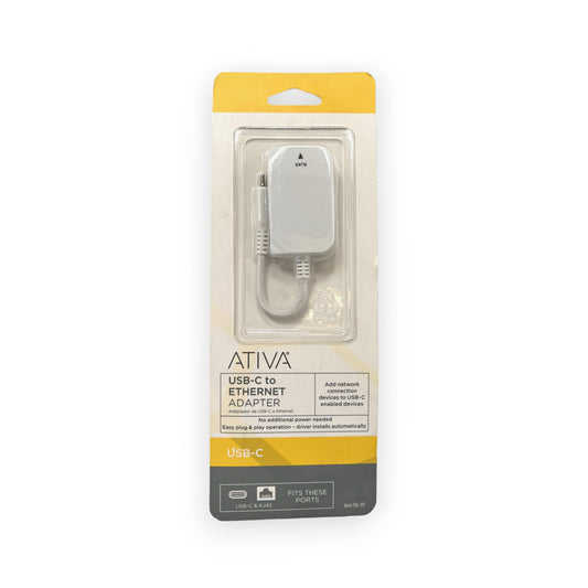 ATIVA USB Type-C to Ethernet Adapter Cable, 4.7", White - High-Speed Internet Connectivity for Laptops and Devices
