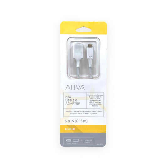 ATIVA USB 3.0 USB-C to USB-A Adapter, 5.9", White, 32454
