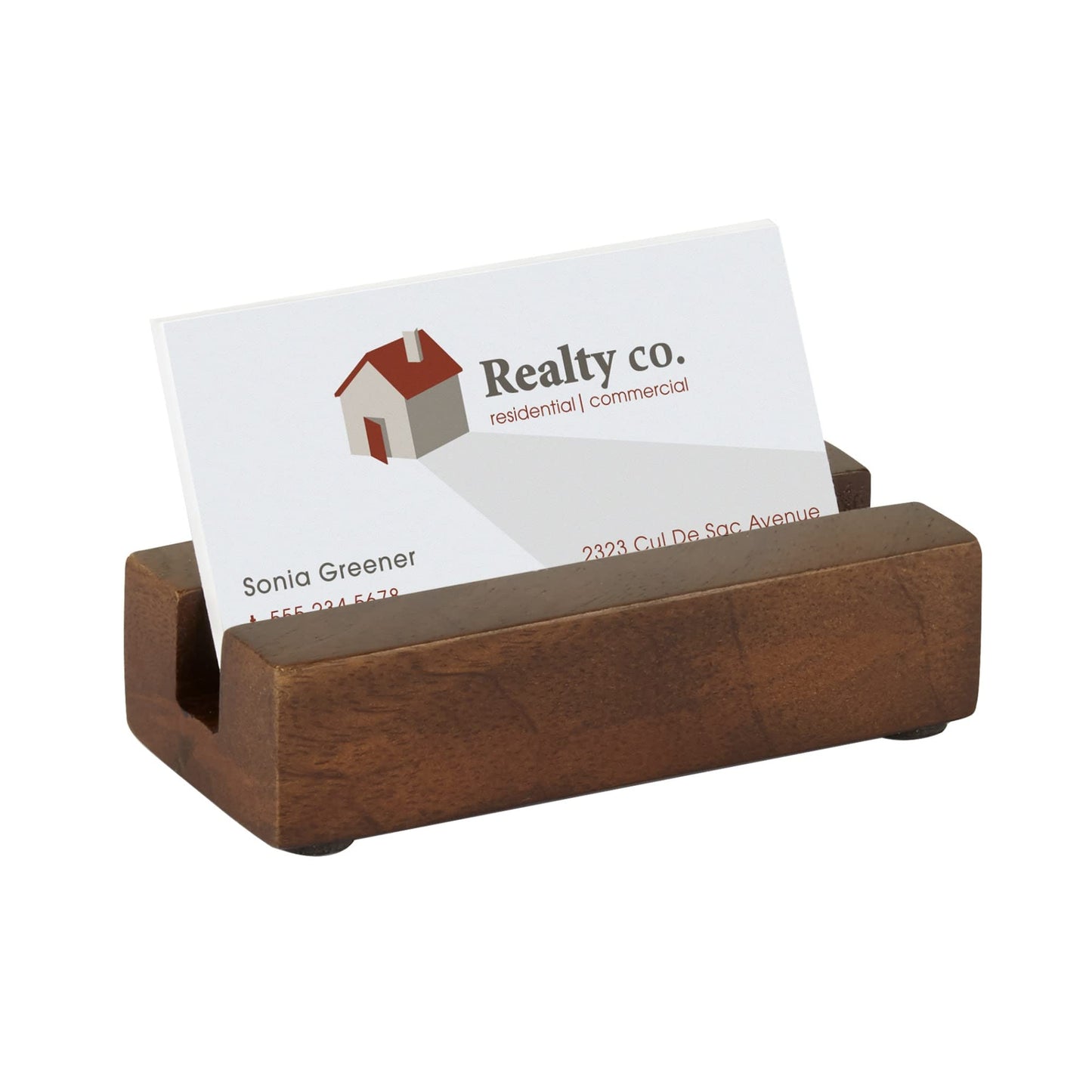 Realspace® Wooden Business Card Holder, 1" H x 4" W x 1-3/4"D, Walnut