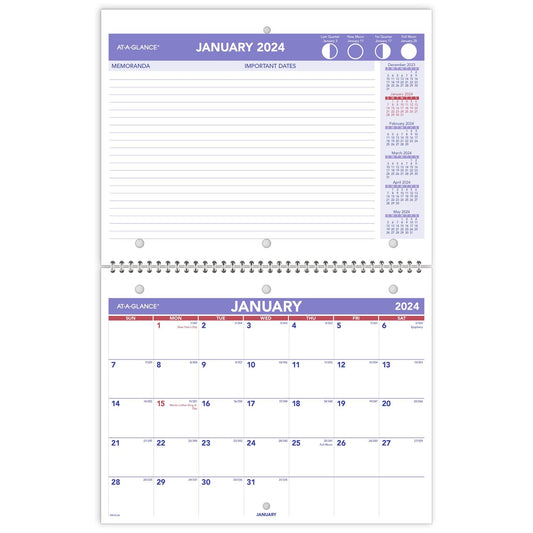 AT-A-GLANCE 2024 Wall & Desk Calendar, 8-1/2" x 11", Small, Unruled Blocks, Spiral Bound, Monthly (PM1702824)