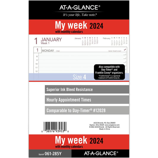 AT-A-GLANCE 2024 Planner Refill, Weekly, 5-1/2" x 8-1/2", Desk Size 4, Loose-Leaf (061-285Y-24)