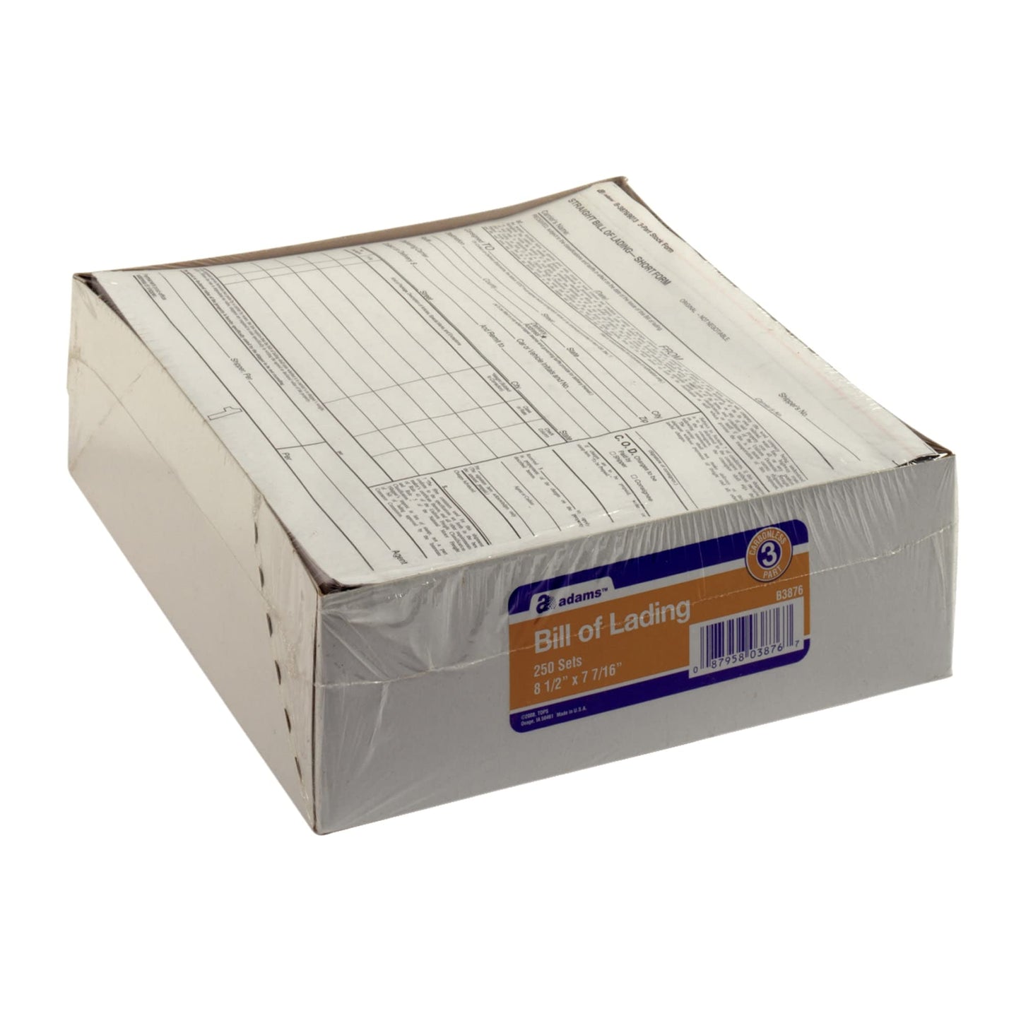 Adams Bill of Lading Short Form, 8-1/2 x 7-7/16 Inches, White, 3-Part, 250-Count (B3876)