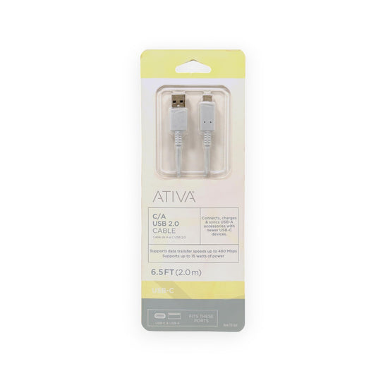 ATIVA USB 2.0 Type A-to-Type C Cable, 6.5', White, 32456