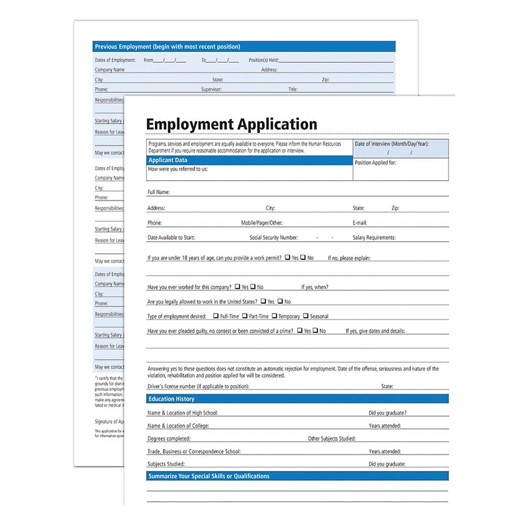 Adams Application for Employment, Forms and Instructions, 50 Forms per Pack (HR104) , White