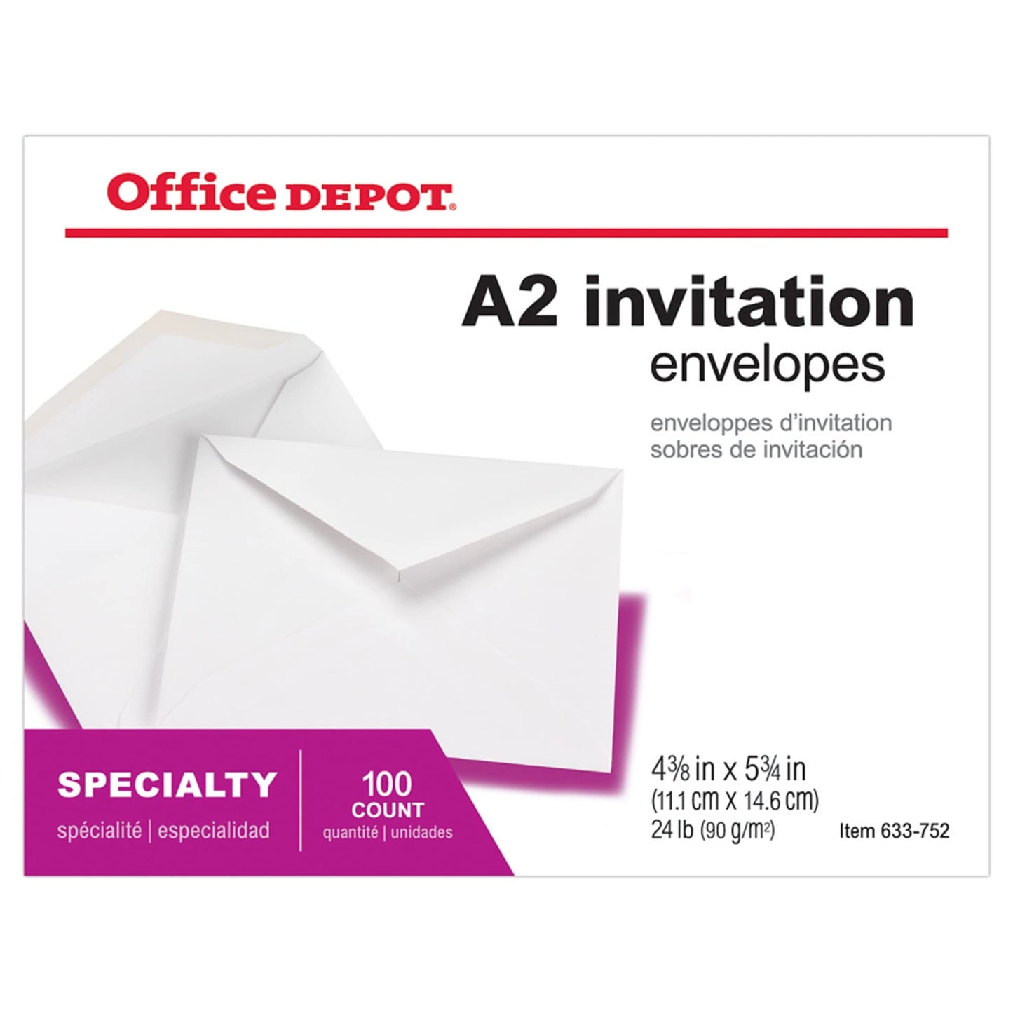 Office Depot Invitation Envelopes, 4 3/8in. x 5 3/4in., White, Pack Of 100, 12033