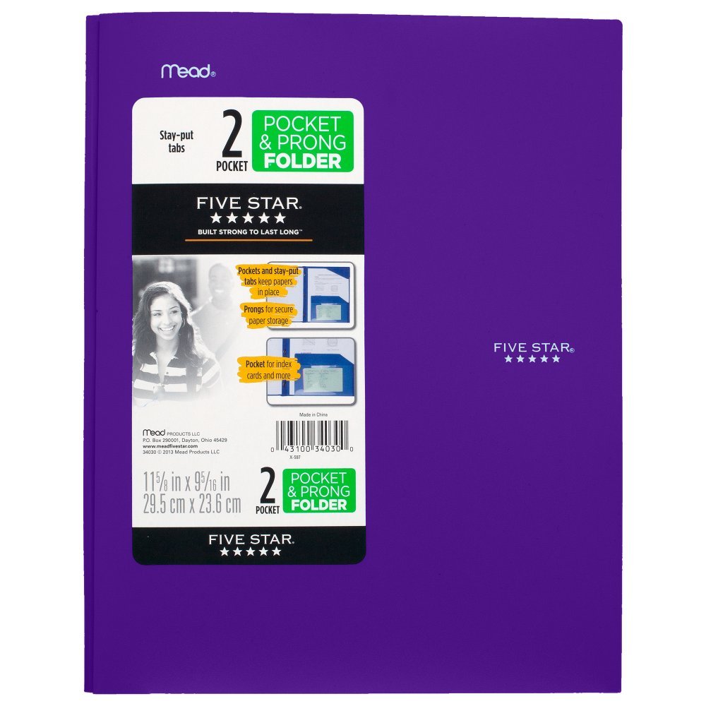 Five Star 2 Pocket Folders with Prong Fasteners, Stay-Put Folder, Folders with Pockets, Color Selected For You, 1 Count (34030)