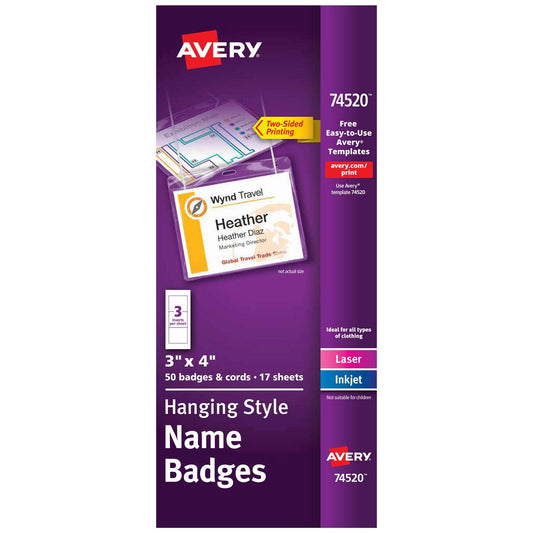 Avery Customizable Name Badges, 3" x 4", Printable Name Tag Inserts, 50 Name Tag Holders with Cords (74520)