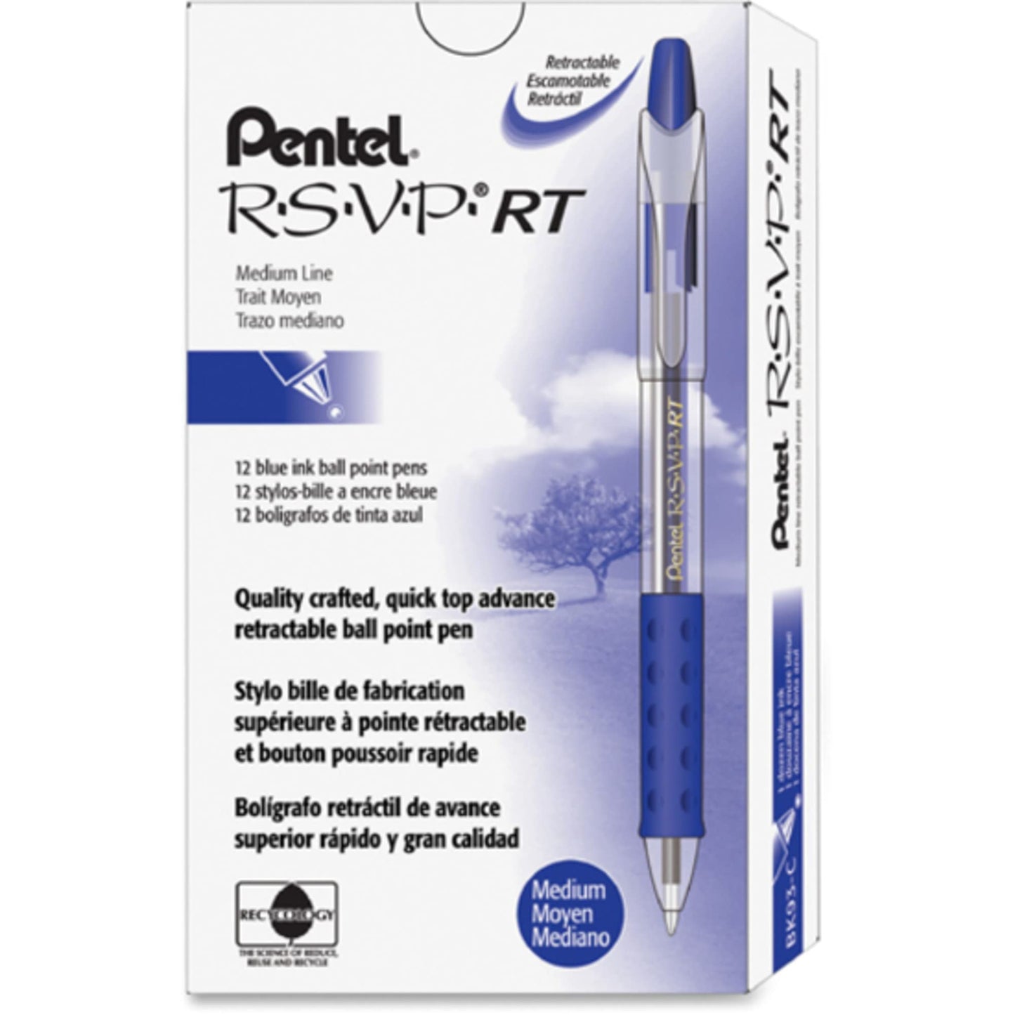 Pentel� R.S.V.P.� RT Retractable Ballpoint Pens, Medium Point, 1.0 mm, 61% Recycled, Transparent Blue Barrel, Blue Ink, Pack Of 12 Pens