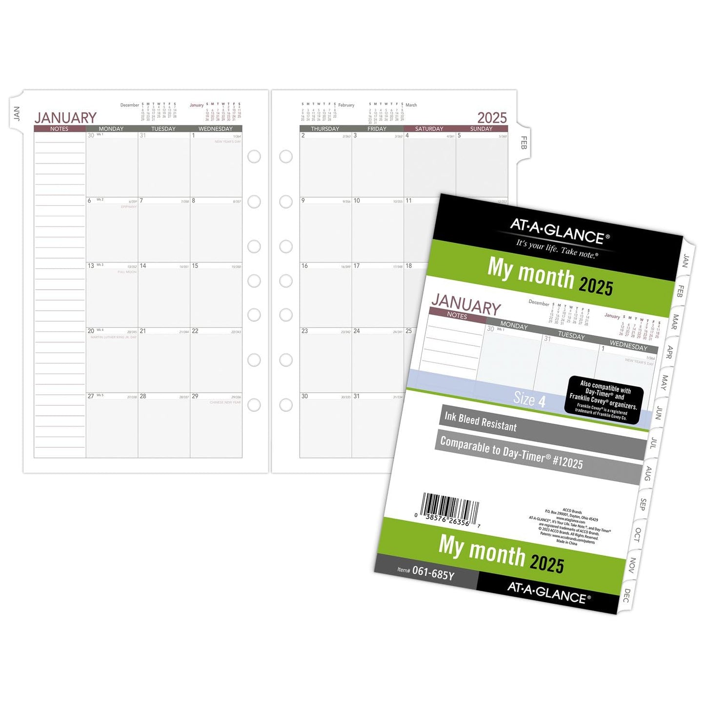 AT-A-GLANCE 2025 Planner Refill, Monthly, 5-1/2" x 8-1/2", Desk Size, Loose-Leaf, Unruled Blocks (061-685Y-25)