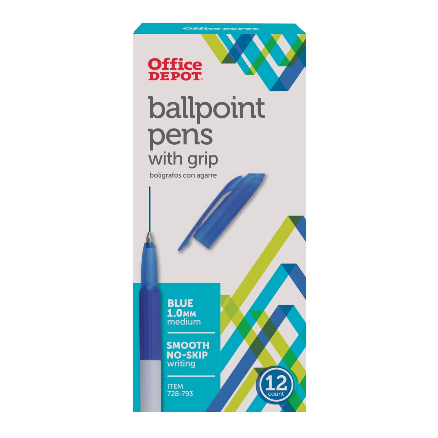 Office Depot Grip Ballpoint Pens, Medium Point, 1.0 mm, White Barrel, Blue Ink, Pack Of 12, 19002