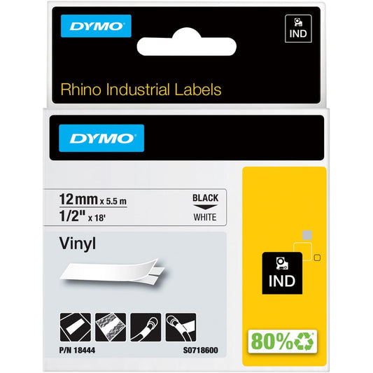 Dymo 18444 Rhino Permanent Vinyl Industrial Label Tape, 1/2-Inch X 18 Ft, White/Black Print
