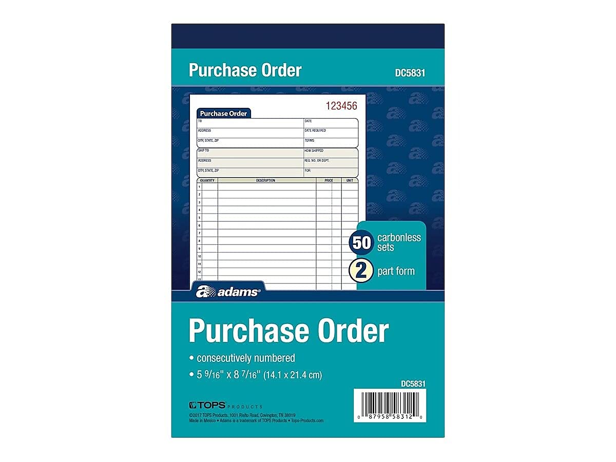 Adams Purchase Order Book, 2-Part Carbonless, White/Canary, 5-9/16 x 8-7/16 Inches, 50 Sets (DC5831)