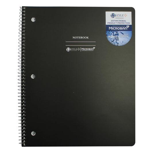 U Style Notebook With Microban, 8-1/2" x 10-1/2", 1 Subject, Wide Ruled, 80 Sheets, Black