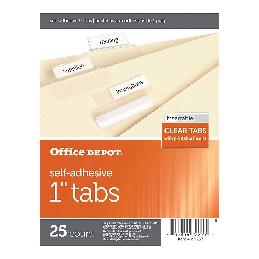 Office Depot Self-Adhesive Tabs with Printable Inserts, 1in., Clear, Pack of 25, OD409257