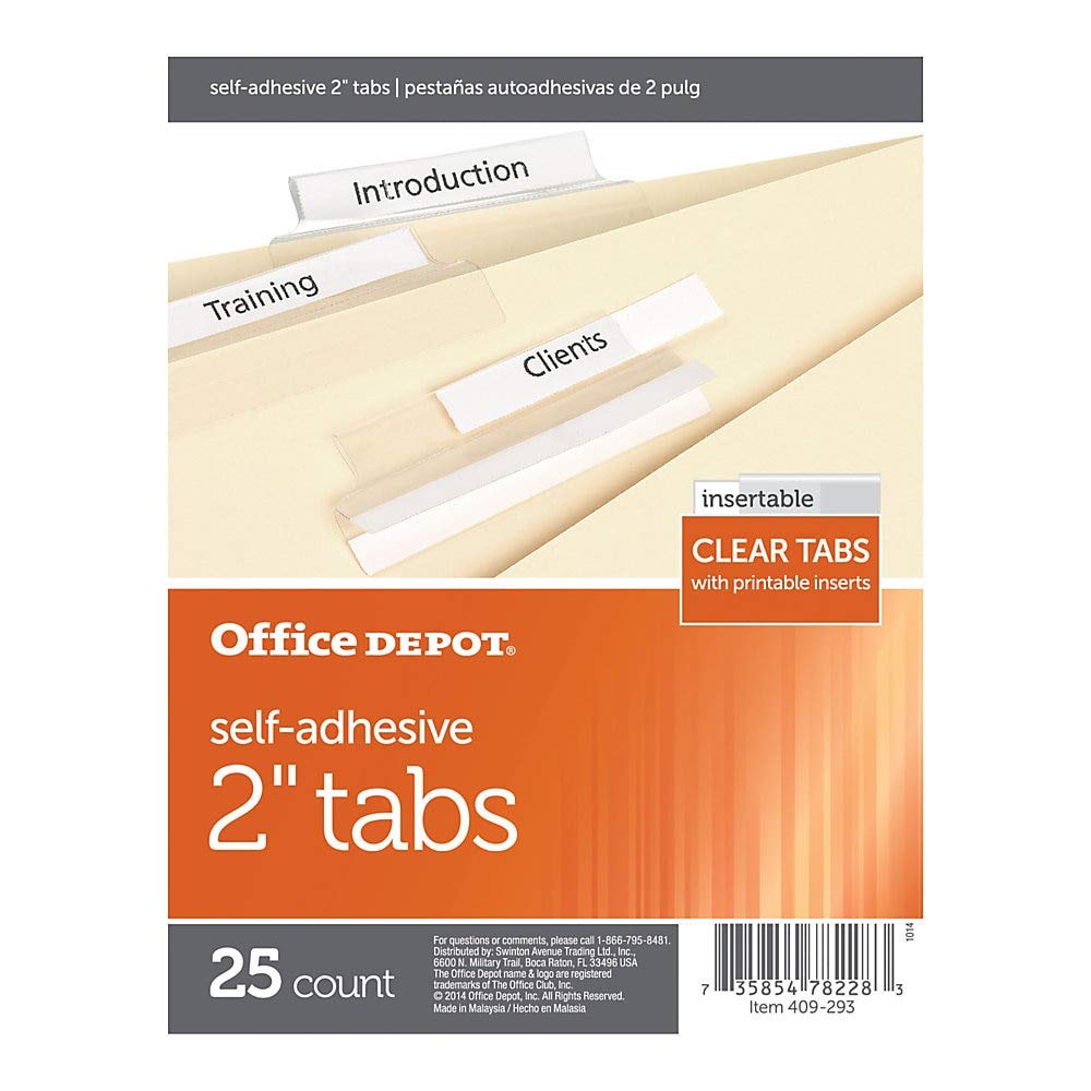 Office Depot Self-Adhesive Tabs with Printable Inserts, 2in., Clear, Pack of 25, OD409293