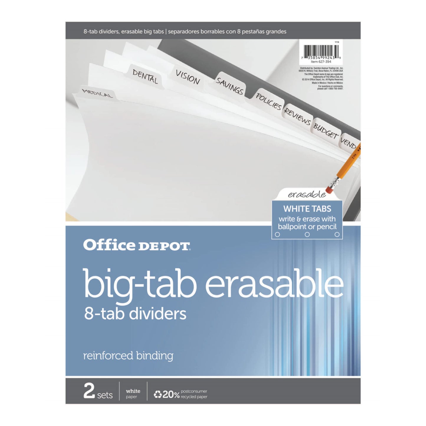 Office Depot Erasable Big Tab Dividers, 8-Tab, White, Pack of 2 Sets, 3585478685