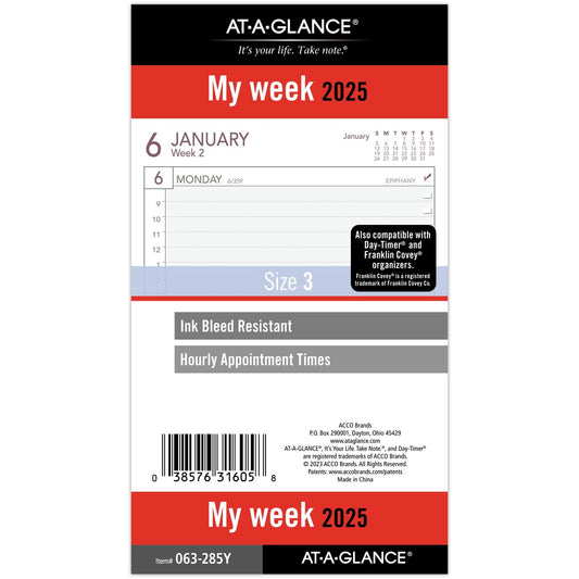 AT-A-GLANCE 2025 Planner Refill, Weekly, 3-3/4" x 6-3/4", Portable Size 3 Loose-Leaf (063-285Y)