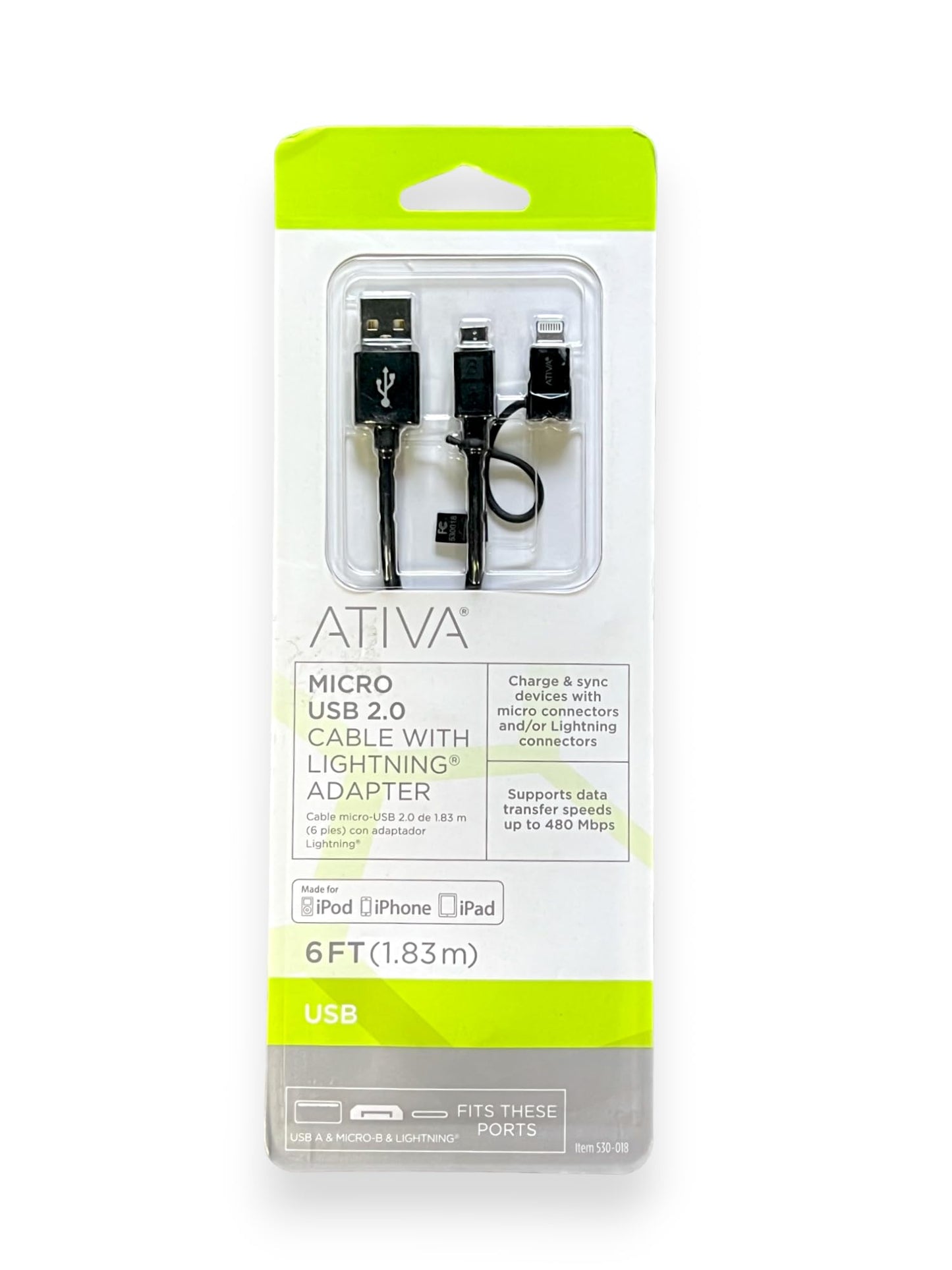 ATIVA Micro USB 2.0 Cable with Lightning Adapter, 6', Black, 27578