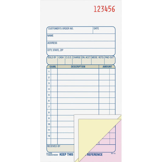 Adams Sales Order Book, 3-Part, Carbonless, White/Canary/Pink, 3-11/32 x 7-3/16 Inches, 50 Sets per Book (TC3705)