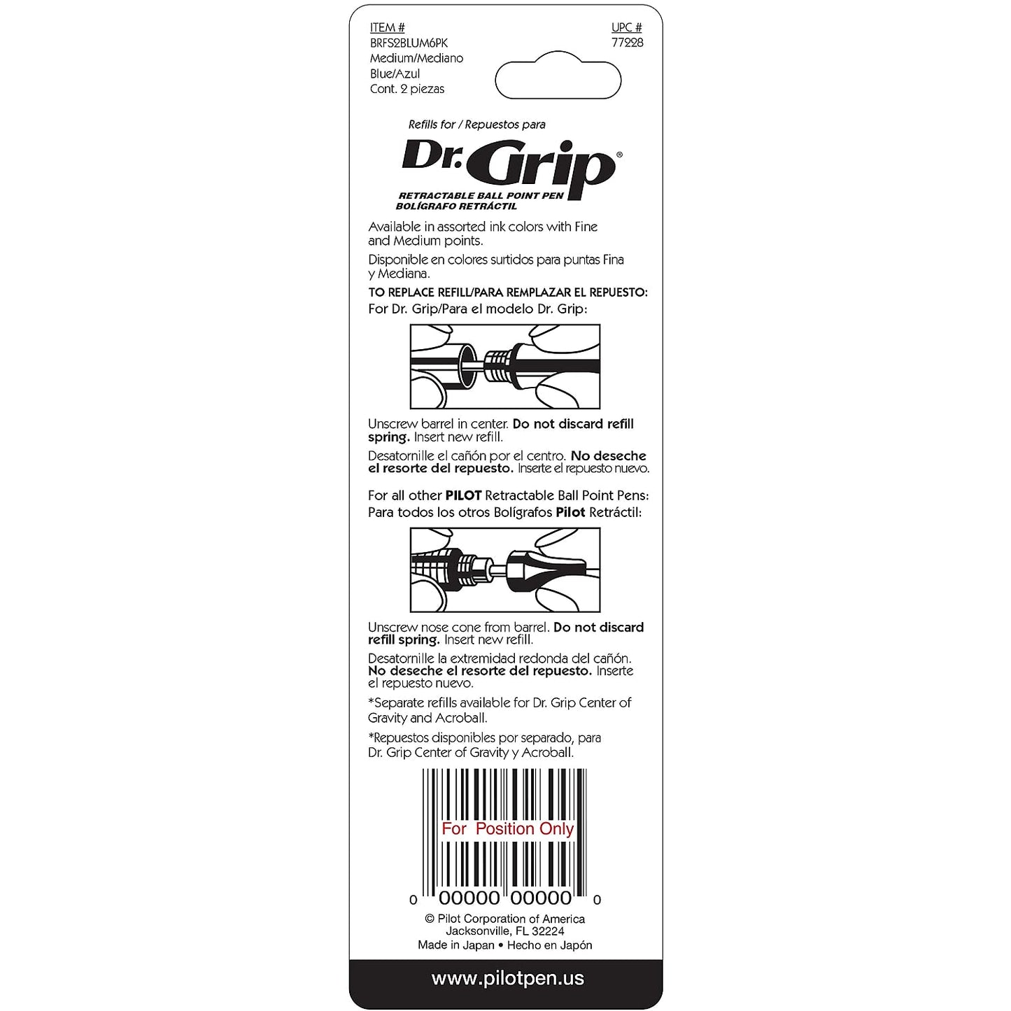 PILOT Dr. Grip Ballpoint Ink Refills for Retractable Pens, Medium Point, Blue Ink, 2-Pack (77228)