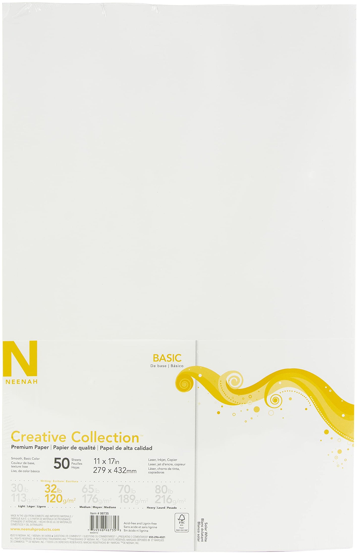 Neenah Cardstock 11"X17" 32lb (120gsm) 50/Pkg-Solar White -98735