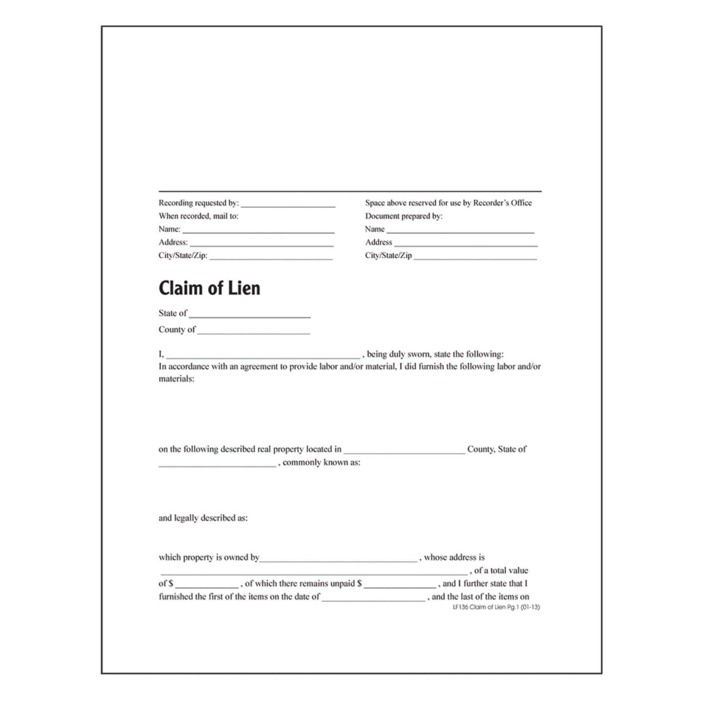 Adams Claim of Lien, Forms and Instructions (LF136)