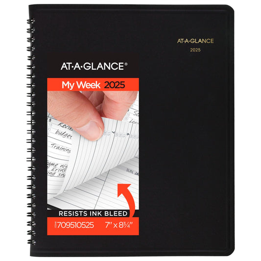 AT-A-GLANCE 2025 Appointment Book Planner, Weekly, 7" x 8-3/4", Medium, Quarter-Hourly, Black (709510525)