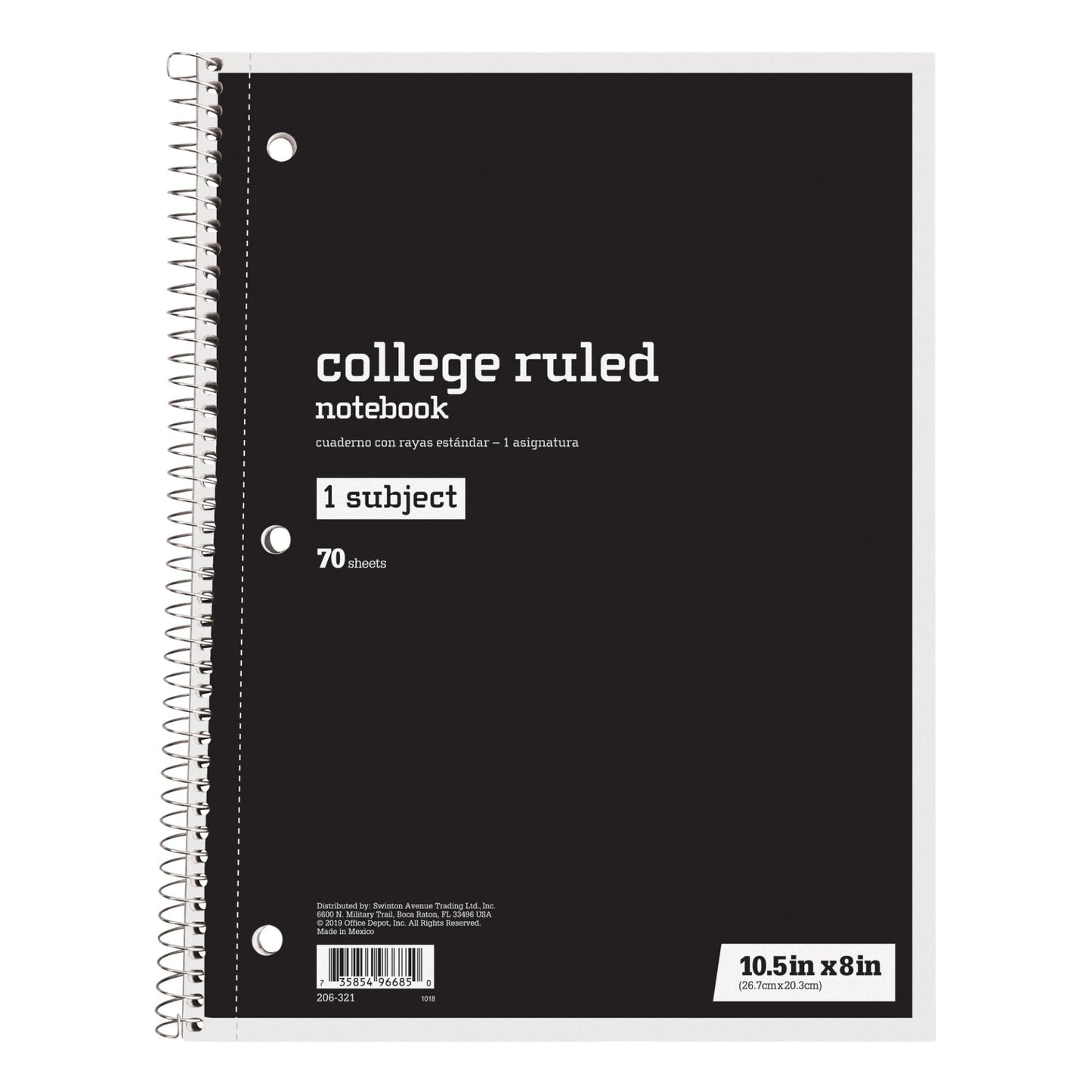 Just Basics® Spiral Notebook, 7 1/2" x 10 1/2", College Ruled, 140 Pages (70 Sheets), Black