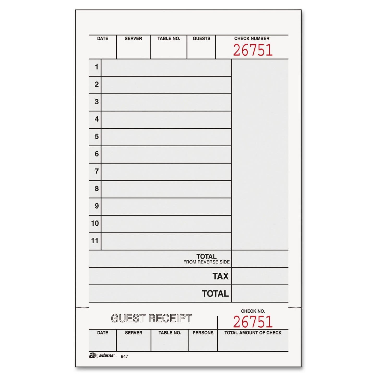 Adams Guest Check Unit Sets, 2-Part, Carbonless, White Bond/Tag, 4-1/4 x 7-1/4 Inches Detached, 250 Sets/Pack (947SWC)