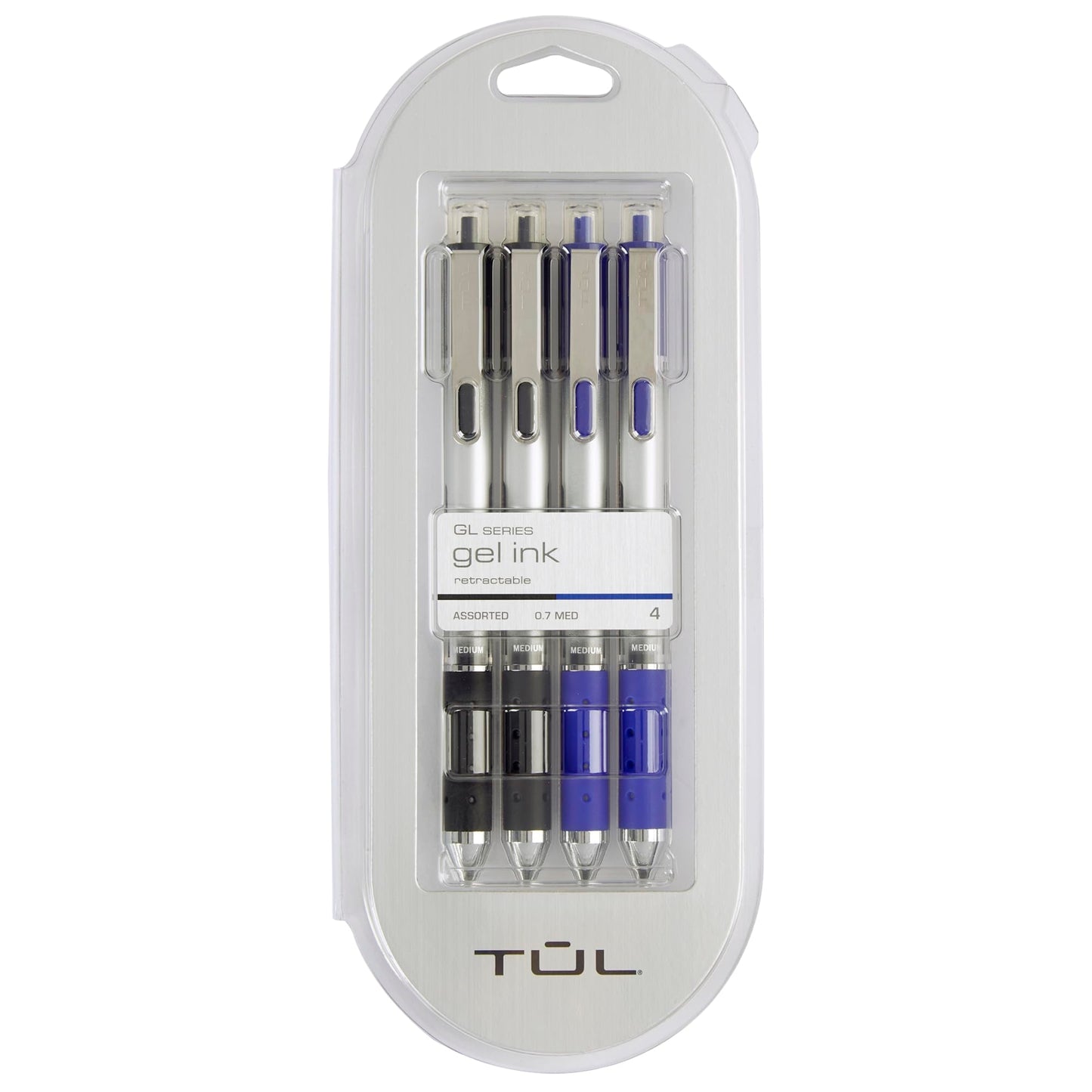 TUL® Retractable Gel Pens, Medium Point, 0.7 mm, Silver Barrel, Black And Blue Inks, Pack Of 4 Pens