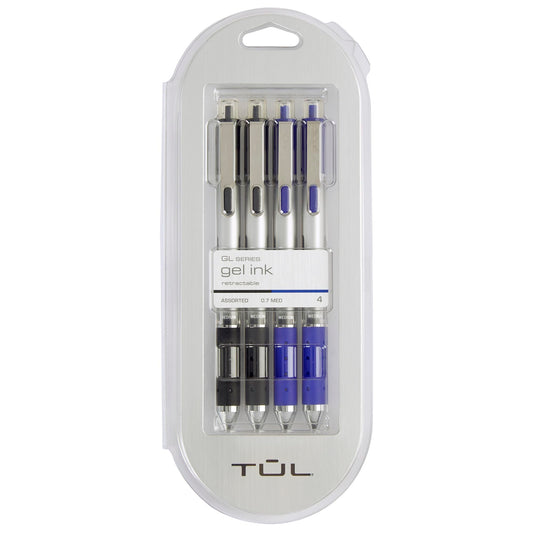 TUL® Retractable Gel Pens, Medium Point, 0.7 mm, Silver Barrel, Black And Blue Inks, Pack Of 4 Pens