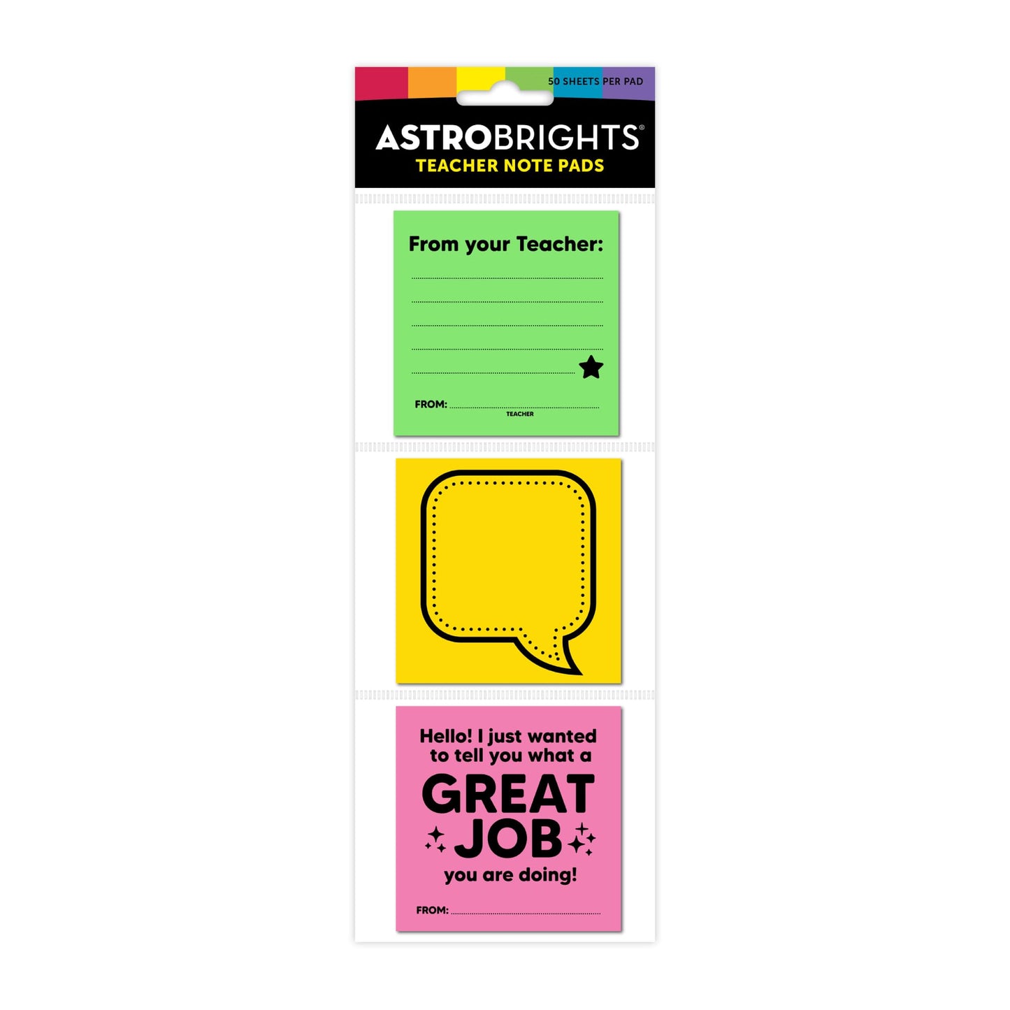 Astrobrights® Teacher Notes, 3" x 3", Assorted Colors, 50 Sheets Per Pack, Set of 3 Packs
